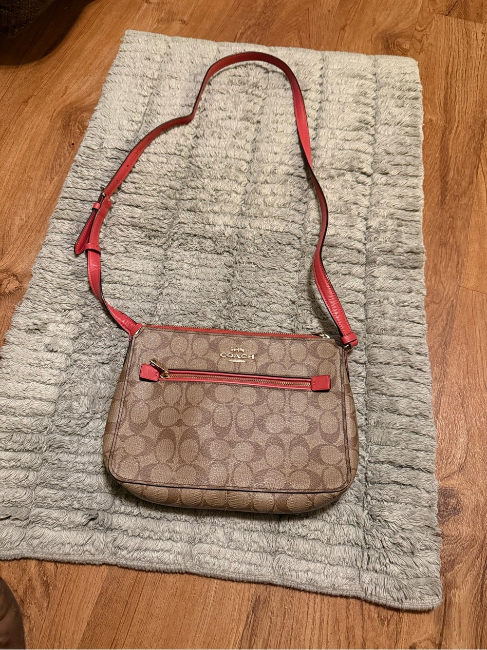 Coach Brown Signature Crossbody with Pink Trim